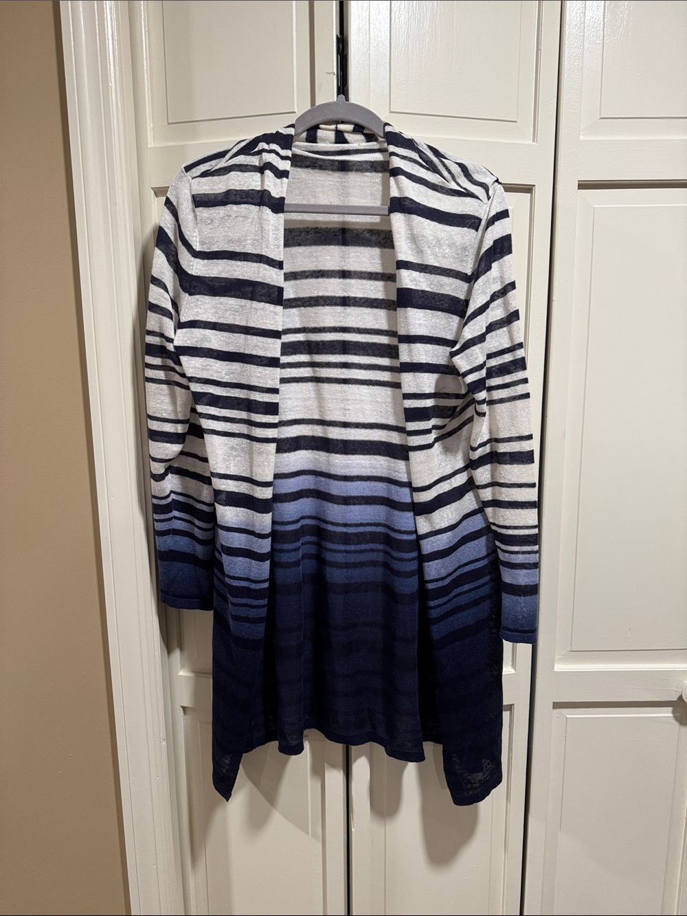 Chico's Navy and White Striped Ombre Open-Front Cardigan
